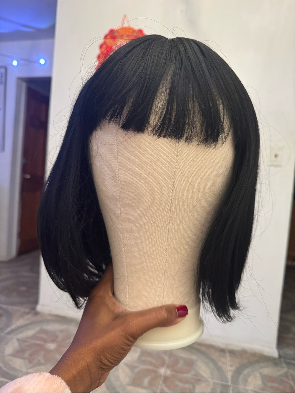 Classic Black Short Bob Wig with Blunt Bangs - Women Hair